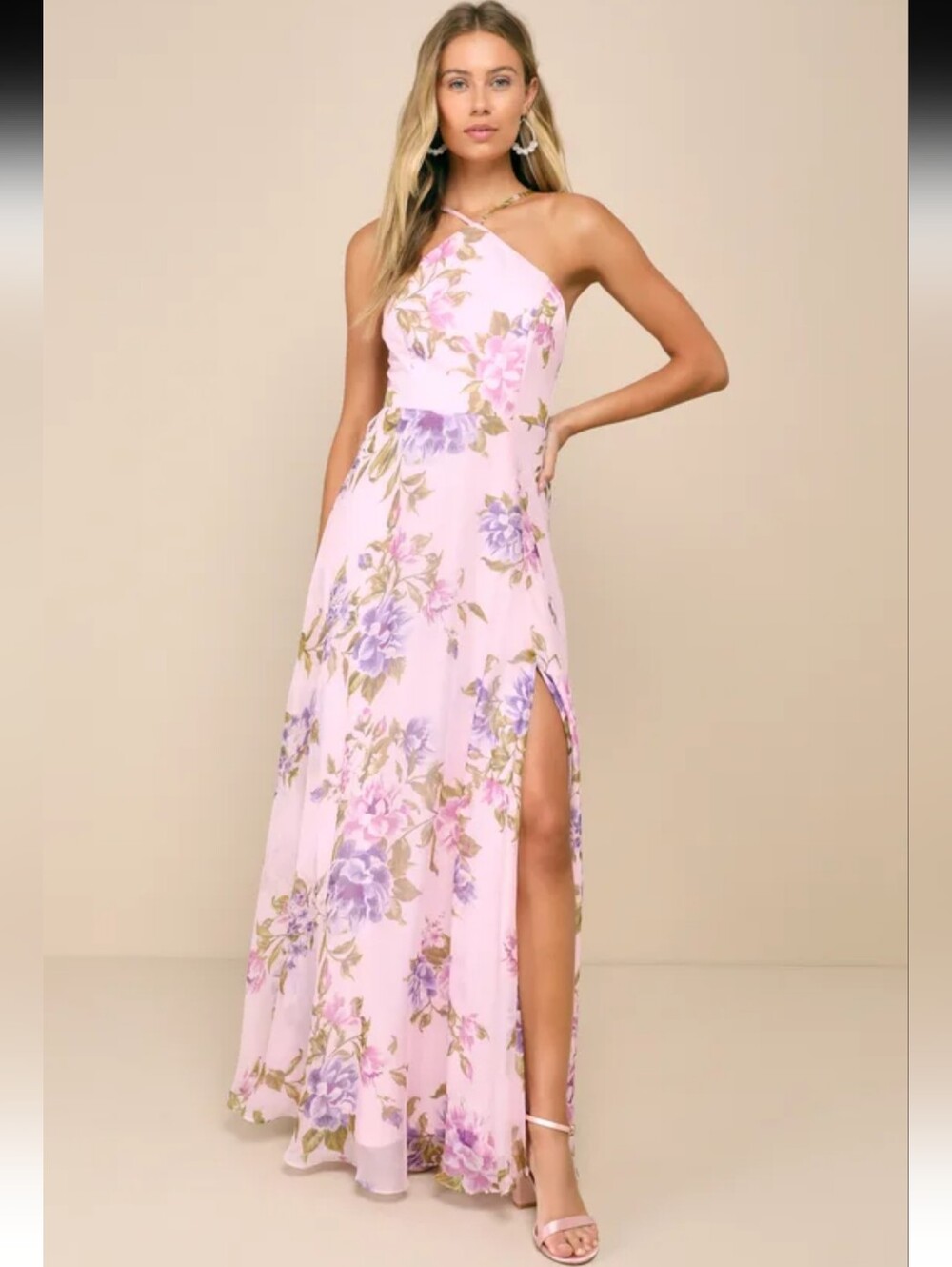 Lulu's ROMANTIC MARVEL LIGHT Pink Floral Halter NECK Maxi Dress SIZE M NEW #4G